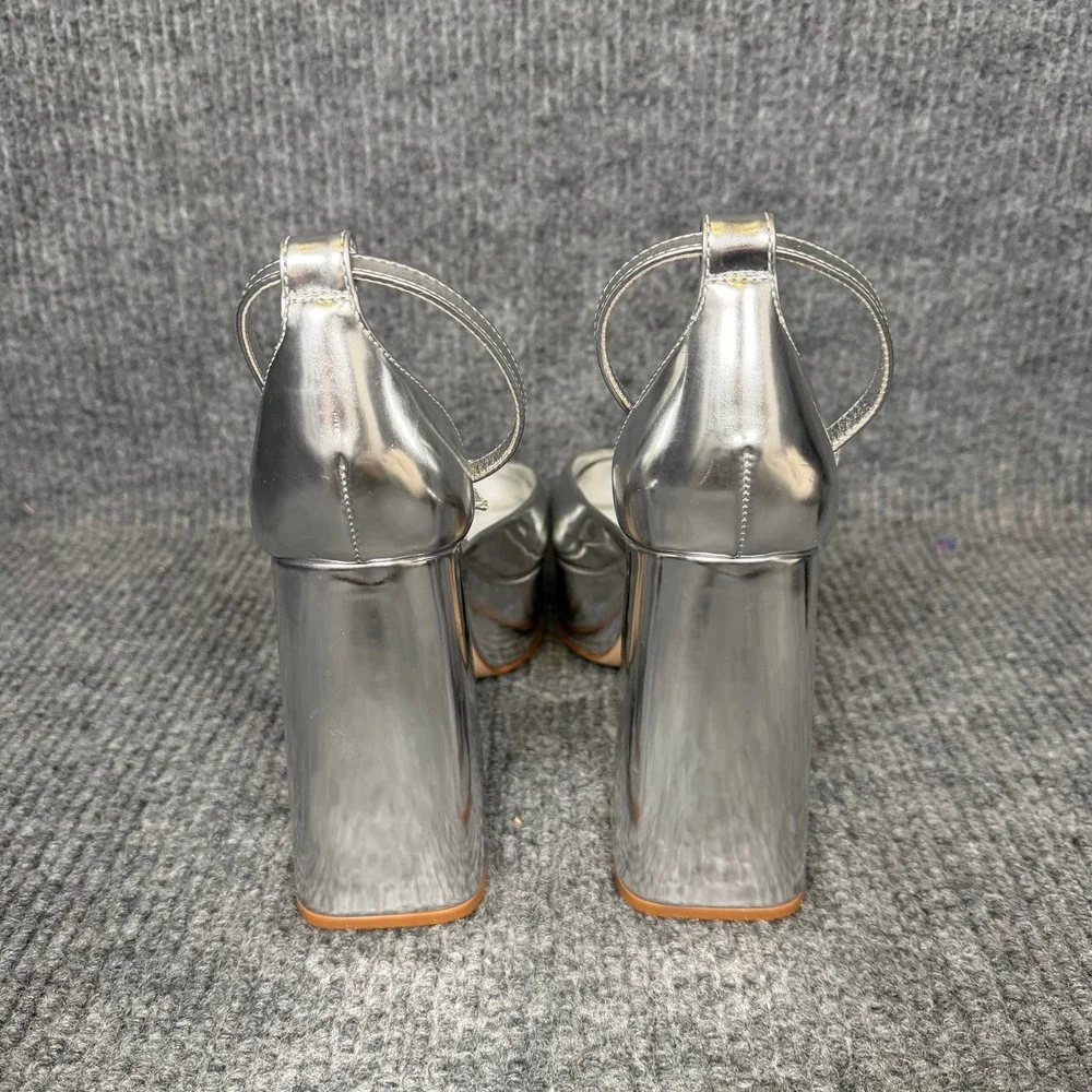 Larroude Ari Platform Pumps Womens 10 Silver Block Heels Strap Retro Handmade